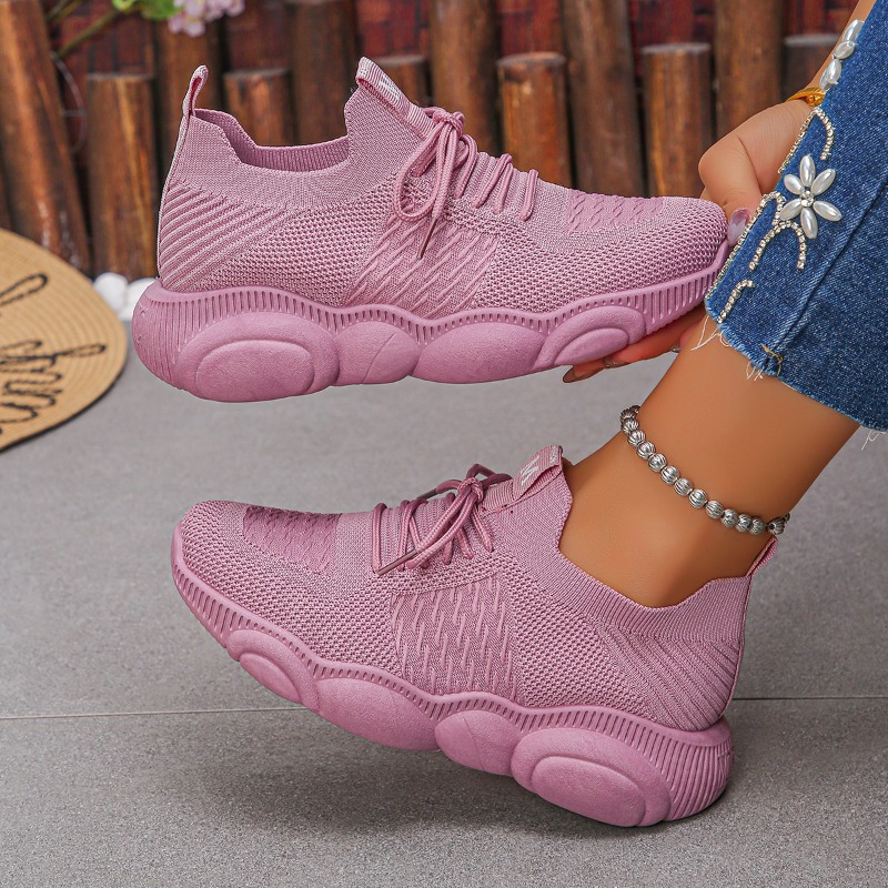 Knit Fabric Lace Up Sneakers - Dames Sneakers Nieuwe Trendy Effen Gebreide