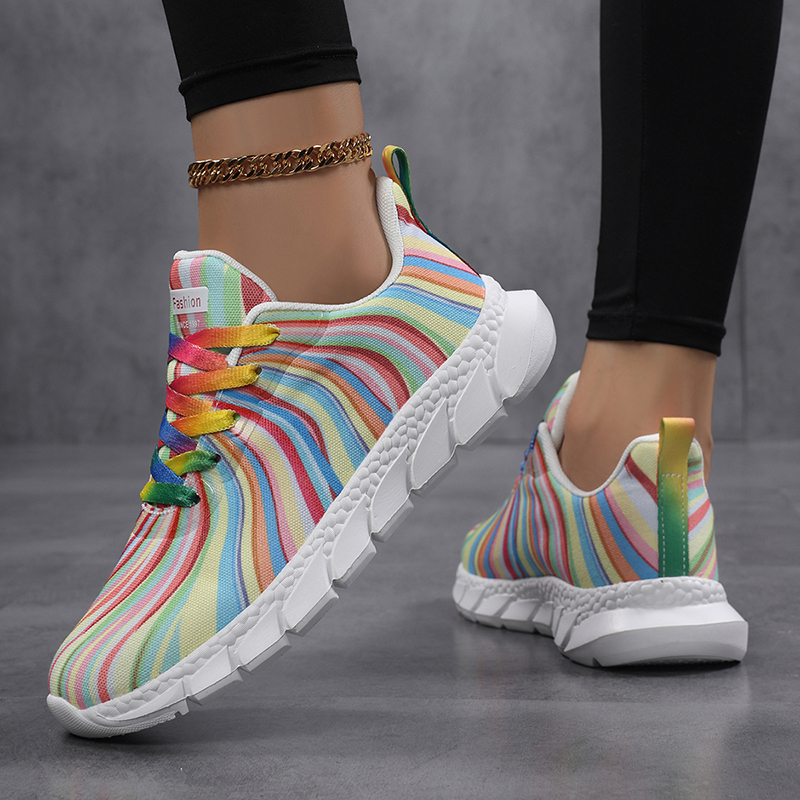 Dames regenboog gestreepte sne - Knit Fabric Lace Up Sneakers recensie en prijs